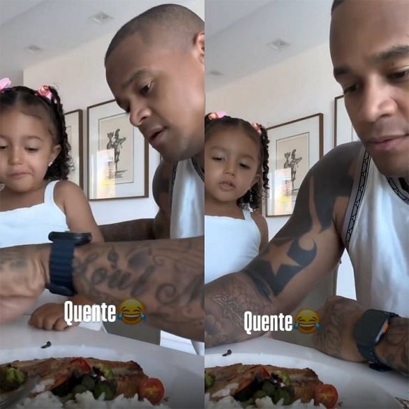 Em seu Instagram, o cantor publicou momentos divertidos durante o almoço com a menina. Posso almoçar agora? Obrigado, pergunta Léo. Pode, [tá] quente, responde Liz.