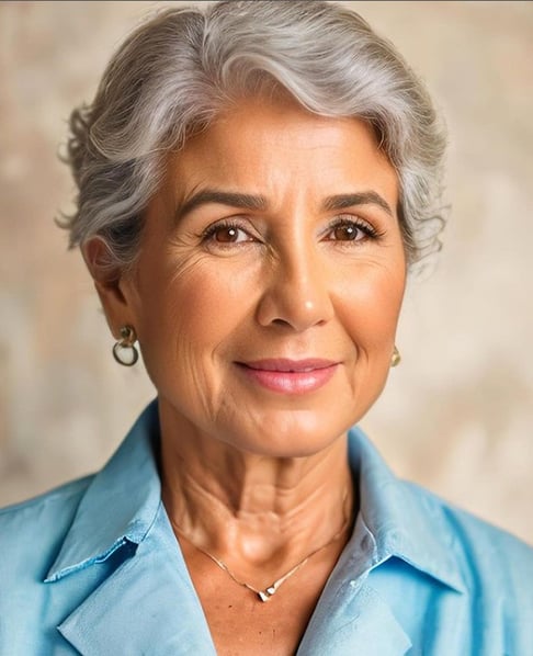 Já aqui, um avanço e tanto. Paula se mostra na terceira idade, com cabelos acinzentados e marcas de expressão. Detalhe para o pescoço enrugado. 