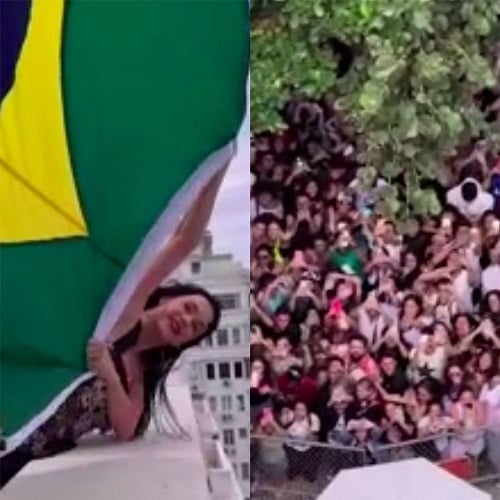 Dias antes, Katy já havia interagido com os fãs da sacada do hotel. Ela apareceu segurando uma bandeira do Brasil, fazendo a alegria dos katycats.