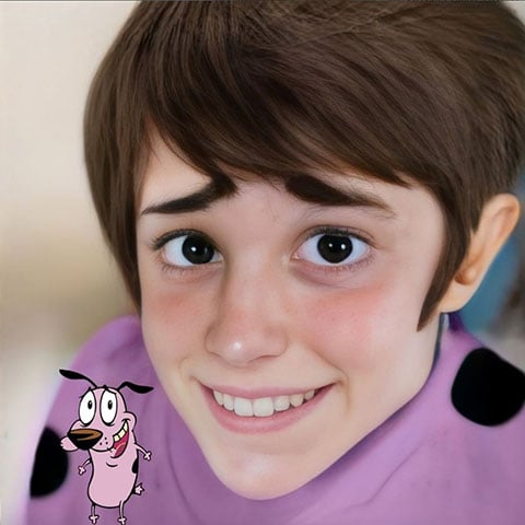 Outro cão famoso que também ganhou um rosto de gente na criacao de Hidreley DiaoCoragem é o 'cão covarde