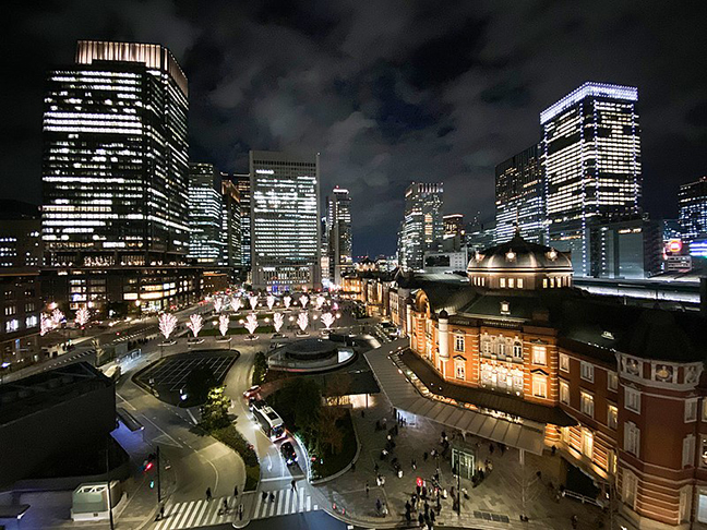 No centro empresarial de Marunouchi, milhares de lâmpadas douradas iluminam as ruas da região onde fica o Palácio Imperial e a  Estação Central de Tóquio. Nenhuma árvore escapa. 