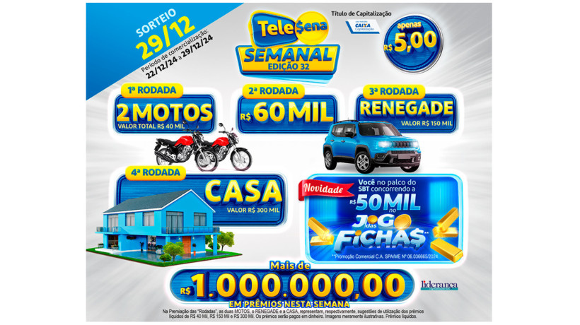 Tele Sena Semanal: 32º sorteio hoje (29/12/24); mais de R$ 2 milhões em prêmios