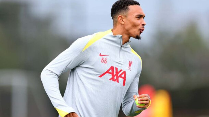 LIVERPOOL, ENGLAND - OCTOBER 01: Trent Alexander-Arnold of Liverpool during the UEFA Champions League 2024/25 League Phase MD2 training session at AXA Melwood Training Centre on October 01, 2024 in Liverpool, England. (Photo by Jan Kruger/Getty Images)