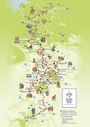 A Rota dos Contos de Fadas tem 600 km desde Hanau, onde eles nasceram, até Bremen, passando por várias cidades, onde há atrações como museus e encenações de contos. Entre eles, O Flautista de Hamelin..