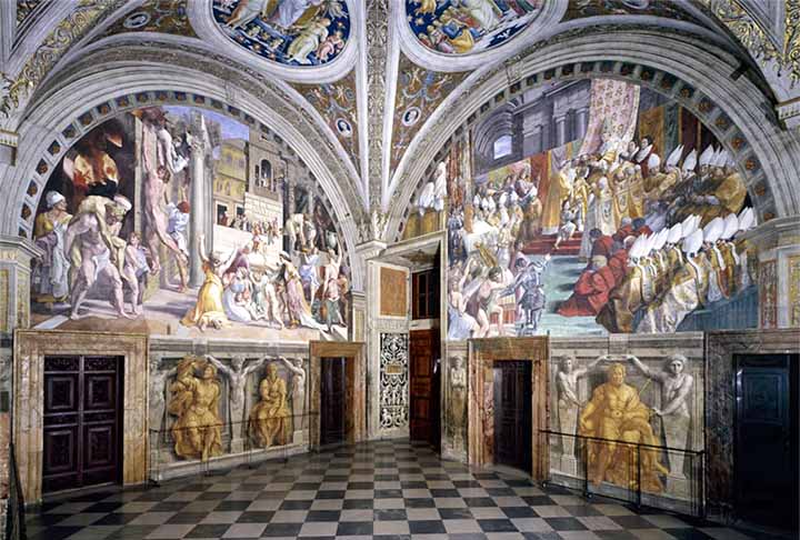 Rafael ficou por 12 anos em Roma, focado na ornamentação de quatro salas do Vaticano: as Stanzas de Rafael. No caso, Stanza dela Segnatura, Stanza di Heliodoro, Stanza dell Incendio di Borgo e Stanza di Constantino.