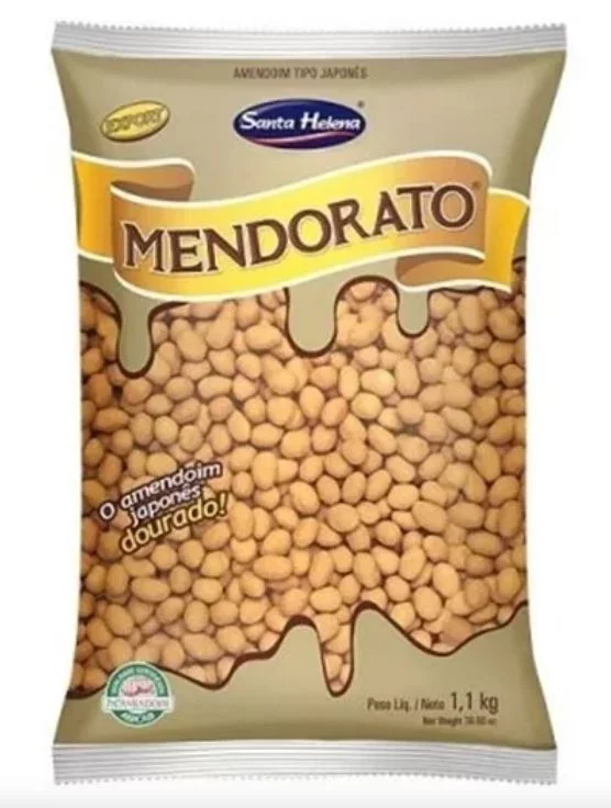 Amendoim Japonês (snack crocante)- Revestido com uma camada crocante e temperado com molho shoyu. Inspirado em sabores japoneses, hoje faz sucesso pelo mundo. Aproximadamente 121 calorias a cada 25 gramas. Popular como petisco em festas e eventos.