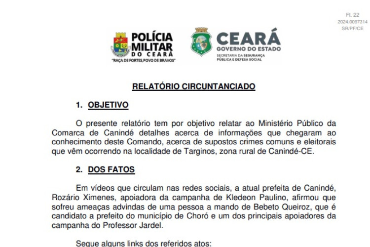 Fac-símile de trecho de relatório da PM sobre envolvimento de integrantes de uma facção criminosa nas eleições municipais de Canindé em 2024
