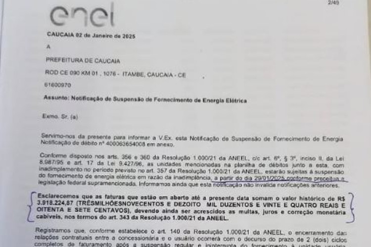 Naumi amorim divulgou no  notificação da Enel no valor de 3,9 milhões