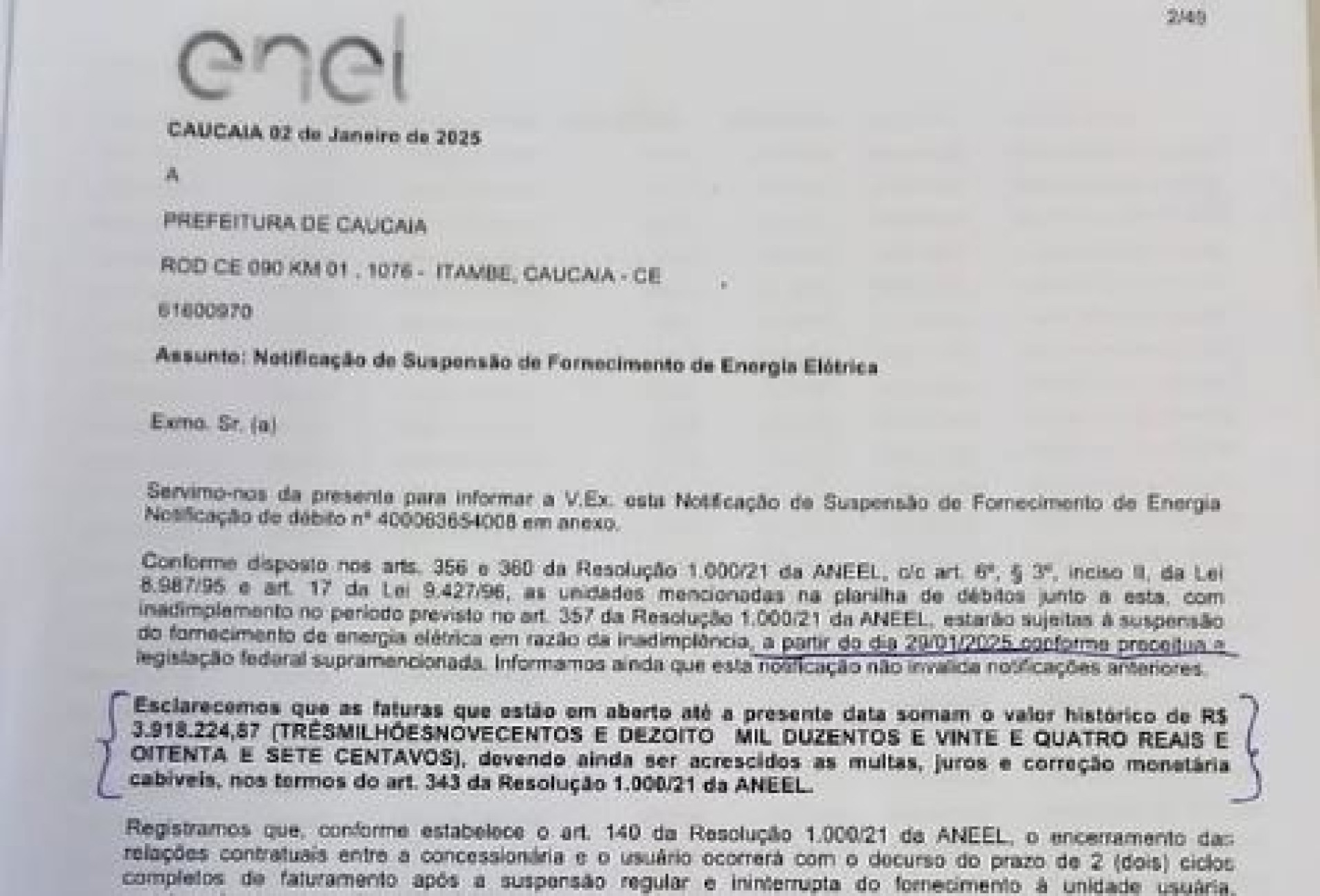 Naumi amorim divulgou no  notificação da Enel no valor de 3,9 milhões