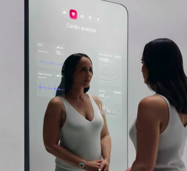 Espelho inteligente: Feito pela startup Withings, o Omnia é um espelho inovador integrado a uma balança que mede diversos indicadores de saúde enquanto o usuário se olha no reflexo.
