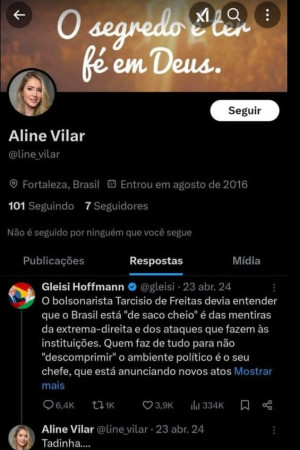 Comentário irônico sobre a presidente nacional do PT, Gleisi Hoffmann: "Tadinha..."