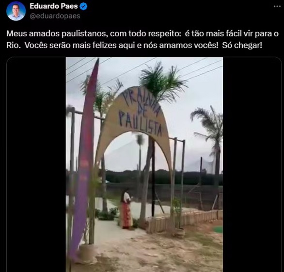 O prefeito do Rio de Janeiro, Eduardo Paes (PSD), fez uma publicação no X convidando os paulistanos a irem para o Rio em vez de curtirem a prainha do Rio Pinheiros.