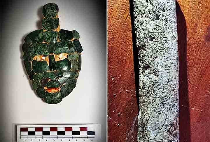 Máscara de alto valor - A tumba de um rei maia na cidade de Chochkitam, na Guatemala, continha uma máscara de jade repleta de ornamentos. Essa foi uma das descobertas de 2024 em relação à civilização maia. De acordo com os pesquisadores, esse tipo de máscara era elaborado para o sepultamento de membros da realeza. 
