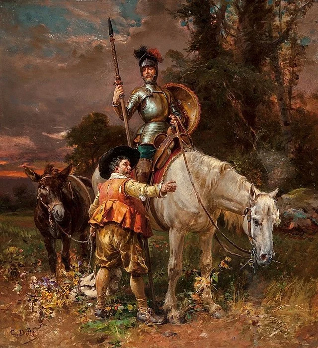Ao lado de Dom Quixote está Sancho Pança, seu fiel amigo e companheiro nas aventuras, mas que tem uma visão mais realista. 