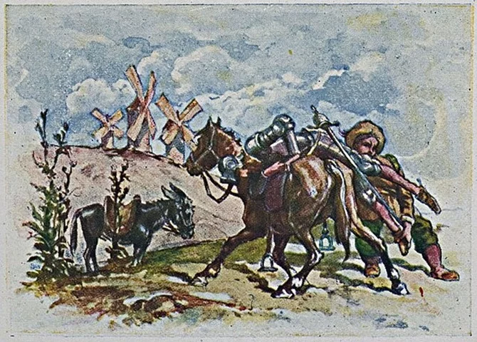 O pequeno fidalgo, já de uma certa idade, abandonou sua esposa e partiu pelo mundo, como fez Dom Quixote, vivendo seu próprio romance de cavalaria. A história no livro Dom Quixote é apresentada sob a forma de novela realista.
