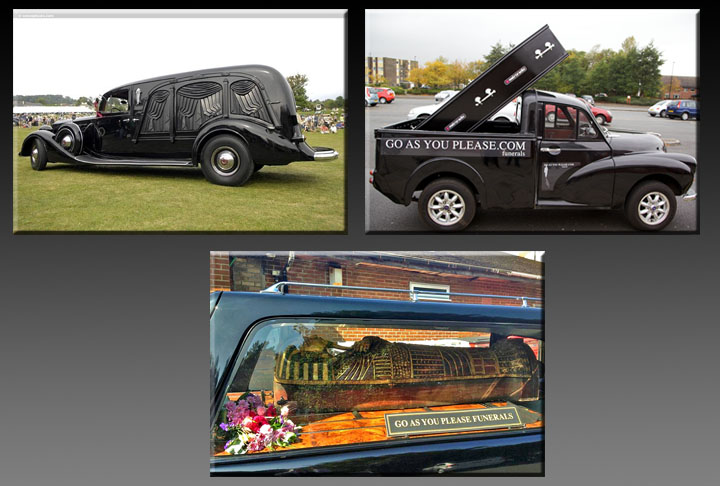 Por onde passa, o carro da funerária, transportando caixões criativos, chama muito a atenção. 