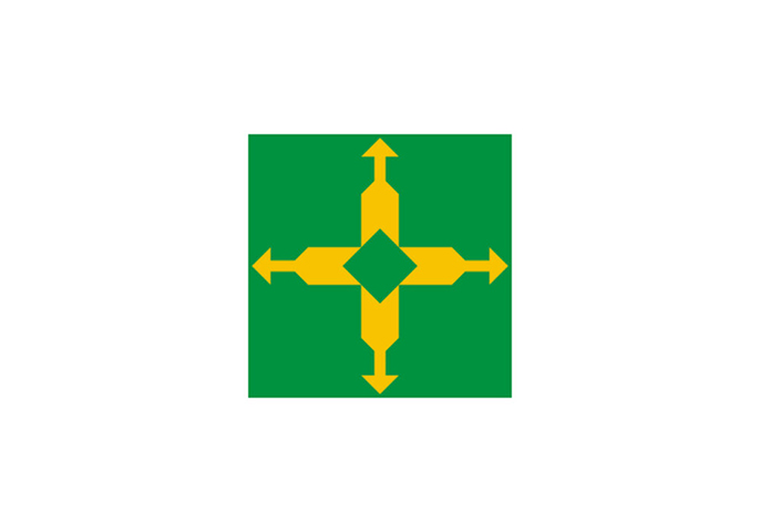 Distrito Federal (DF) - Adoção: 26 de agosto de 1969. - Representação: O verde representa a vegetação, e a cruz branca com pontas alargadas simboliza o equilíbrio e a convergência.