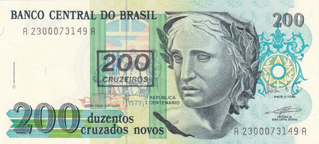 Cruzado Novo: ficou em circulação por apenas um ano, de 16 de janeiro de 1989 a 15 de março de 1990. Era representado pelo símbolo “NCz$”.