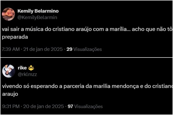 A notícia gerou grande expectativa e entusiasmo nas redes sociais. Acho que não tô preparada, disse uma fã. Vivendo só esperando a parceria da Marília Mendonça e do Cristiano Araújo, comentou outro.