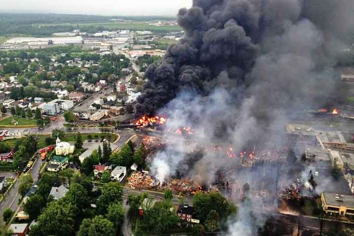 Desastre de Lac-Mégantic (Canadá, 2013): Um trem que transportava petróleo descarrilou e explodiu, devastando o centro da cidade e causando 47 mortes.