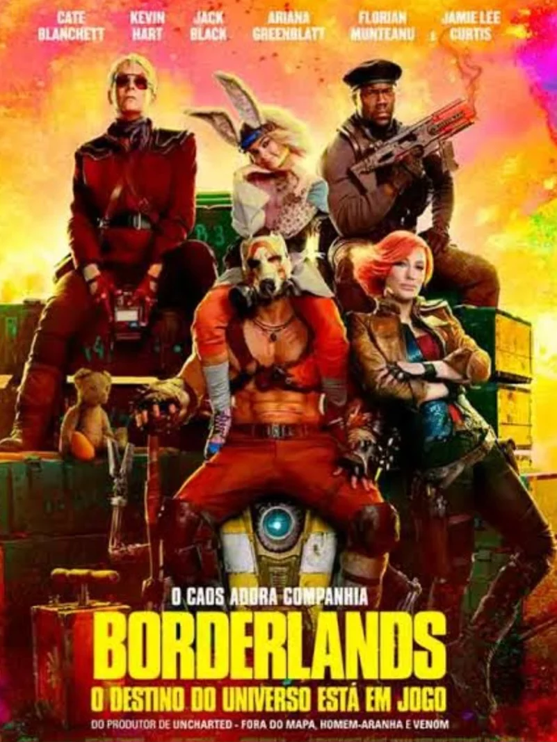Borderlands: O Destino do Universo Está em Jogo
Sob a direção de Eli Roth e estrelado por Cate Blanchett e Kevin Hart, o filme é uma adaptação do popular videogame. A história segue um grupo de caçadores de tesouros em um planeta desolado, que se unem para encontrar uma relíquia poderosa enquanto enfrentam perigos e inimigos implacáveis em um cenário de ficção científica cheio de ação e humor.

