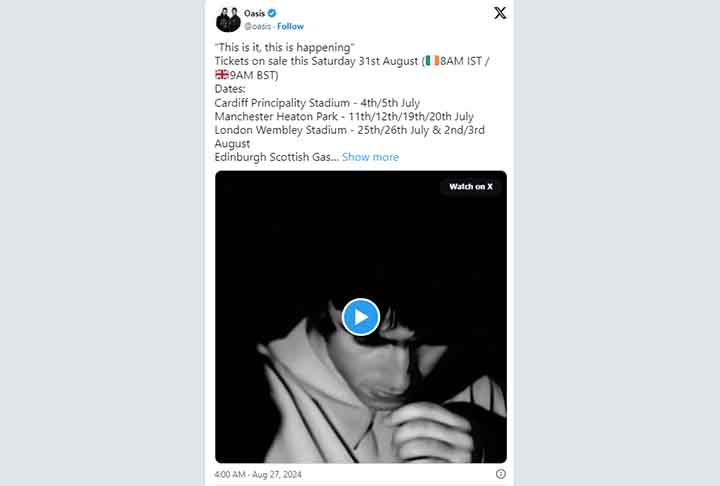 O anúncio oficial do retorno de uma das bandas de maior impacto nos anos 90 foi feito pelo Oasis na madrugada de 27 de agosto de 2024. 
