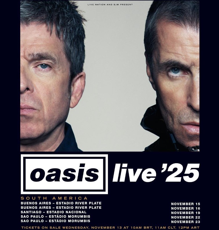 A turnê de 2025 do Oasis terá duas datas de shows no Brasil: dias 22 e 23 de novembro, no estádio do MorumBIS, em São Paulo. Argentina (Buenos Aires) e Chile (Santiago) são os outros países sul-americanos incluídos no roteiro dos músicos britânicos.
