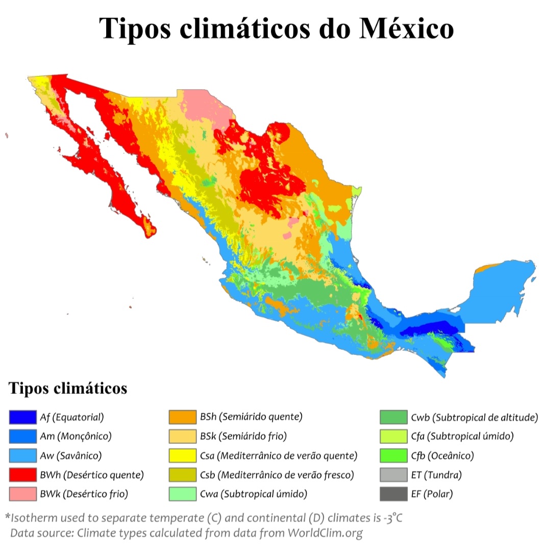 O Trópico de Câncer divide o país em zonas temperadas e tropicais.  Isto dá ao México um dos sistemas climáticos mais diversos do mundo.