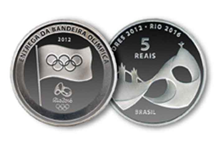 2012: 20 mil unidades de moedas de R$ 5 em comemoração à Entrega da Bandeira Olímpica ao Rio de Janeiro no encerramento dos Jogos Olímpicos de Londres 2012.