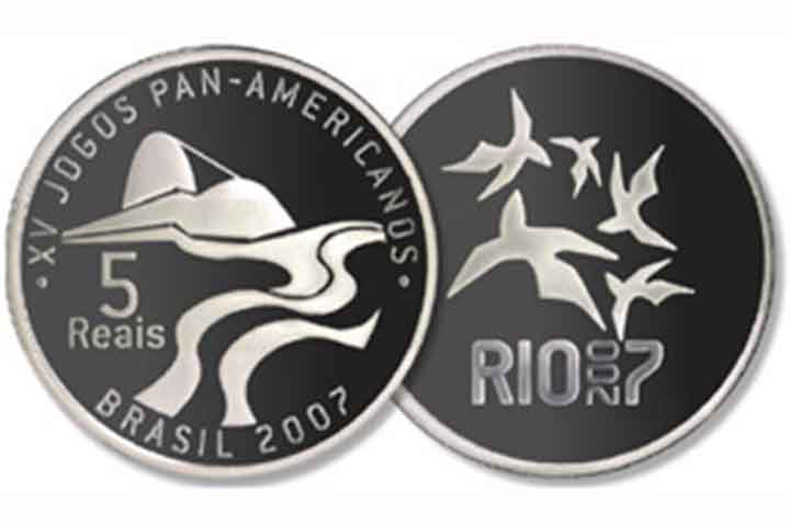 2007: Em homenagem aos Jogos Pan-Americanos no Rio, foram fabricadas 20 mil unidades de moedas de R$ 5.