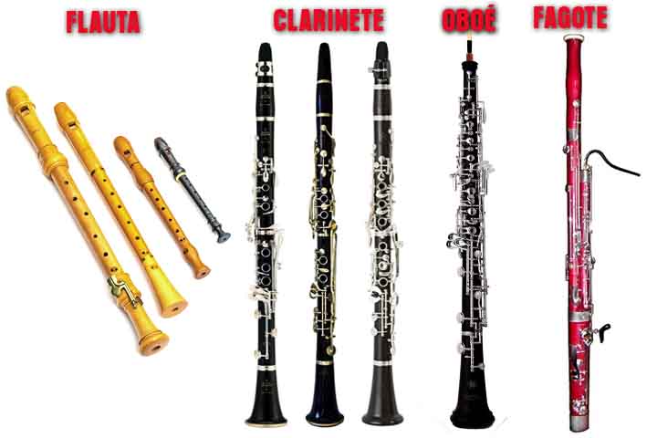 A família das madeiras abrange flauta, oboé, clarinete e fagote. 