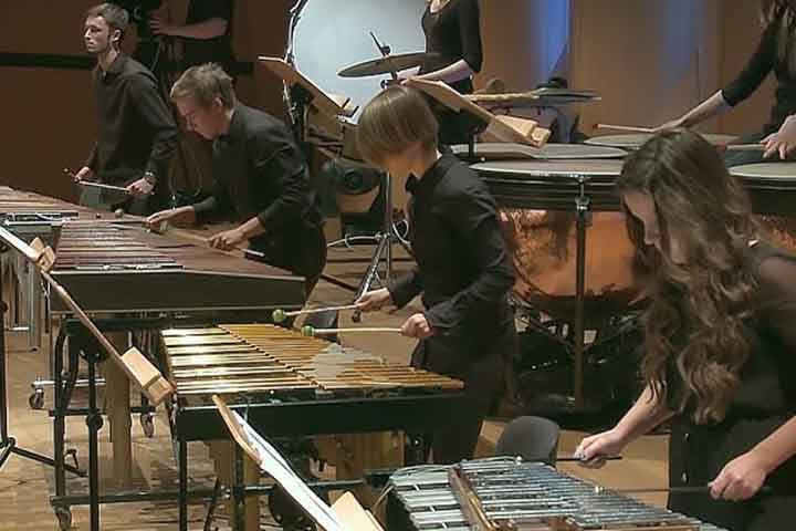 Xilofone: Teclas de madeira tocadas com baquetas, produzindo som seco e percussivo. Originado na África e popularizado na Europa no século XIX. Executa melodias ágeis com timbre característico.
