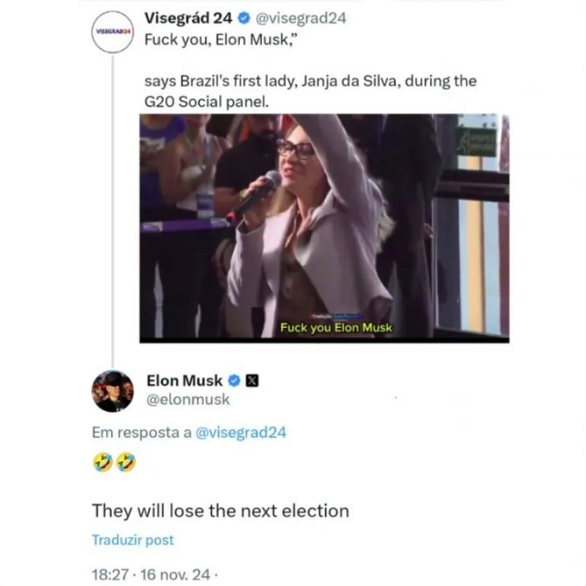 No X, rede social propriedade de Musk, o bilionário respondeu com emojis de risadas e completou: “Eles vão perder a próxima eleição“.