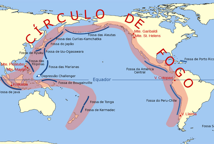 A Indonésia faz parte do chamado Anel de Fogo do Pacífico, área com 40.000 km de extensão no Norte do Oceano Pacífico onde há muitos terremotos e vulcões. Em forma de ferradura no mapa, esse anel abrange 17 trechos de diferentes países. 
