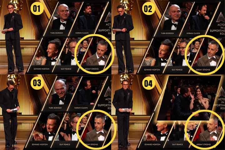 Enquanto isso, Jeremy Strong, que foi indicado por sua atuação em O Aprendiz (2024) e trabalhou junto com Culkin na série Succession (2018-2023), acompanhava da primeira fileira.