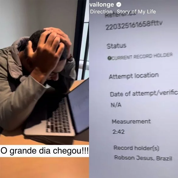 Ele comemorou o feito com uma publicação nas redes sociais mostrando a aprovação do Guinness.