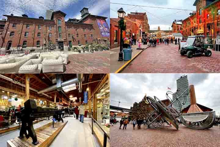 Distillery District (2003, revitalização) – Antiga área industrial transformada em espaço cultural e gastronômico. Tem ruas de paralelepípedos, galerias de arte, lojas e bares. No inverno, abriga um dos mercados de Natal mais famosos do Canadá.
