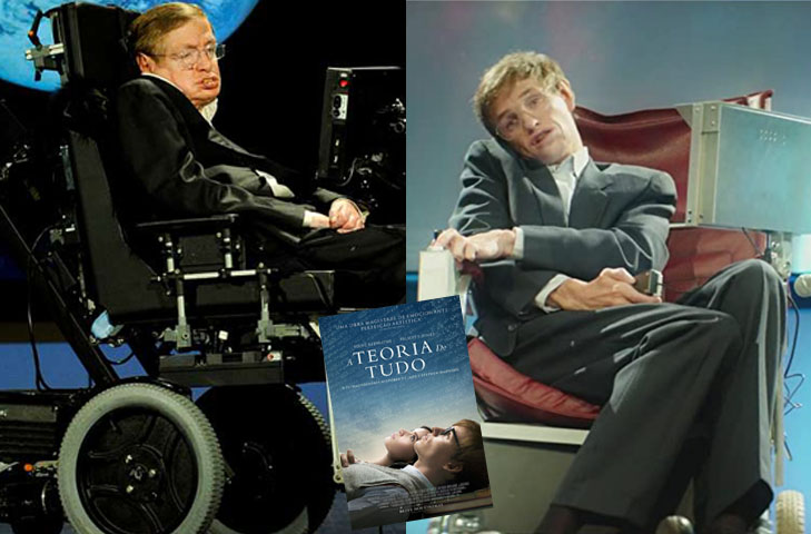Eddie Redmayne - A Teoria de Tudo (2014) - O ator interpretou o físico Stephen Hawking (1942-2018), que sofria de esclerose lateral amiotrófica, que afeta o neurônio motor  e, mesmo assim, foi um gênio.  Hawking (à esquerda) só falava por meio de equipamento especial e parabenizou o ator pela interpretação: Eddie, estou orgulhoso de você. 
