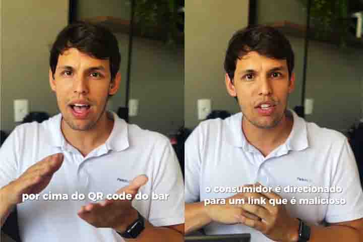 No vídeo, o advogado relata que criminosos têm utilizado o recurso para aplicar golpes ao substituir o QR code original do estabelecimento comercial por um falso.
