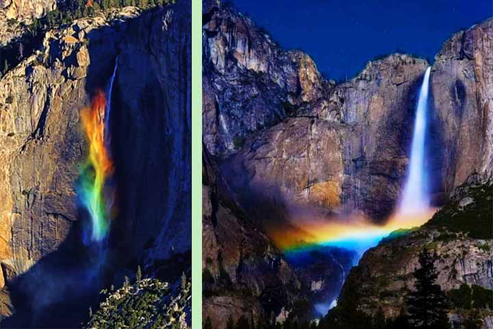 Parque Nacional de Yosemite - Cidade: Califórnia, EUA - As cachoeiras do parque, como a Bridalveil Fall, produzem uma névoa constante, especialmente durante a primavera, que, com a luz solar, frequentemente gera arco-íris espetaculares. Além disso, ocorre o fenômeno do arco-íris lunar em noites de lua cheia.