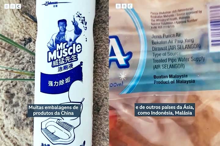 Garrafas de bebidas e produtos de limpeza originários de países como China, Malásia, Coreia do Sul e Singapura foram os entulhos mais comuns encontrados na praia. 

