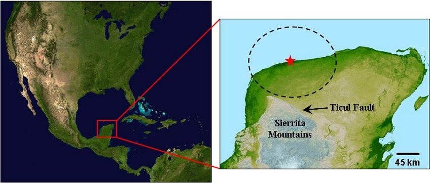 Yucatán (México) - A Cratera de Chicxulub foi formada há 65 milhões de anos, justamente pelo evento que provocou a extinção dos dinossauros na Terra. Ela tem 180 km de diâmetro. Foi descoberta durante exploração em busca de petróleo.  Estima-se que o asteroide que a provocou tivesse 16 km de diâmetro.