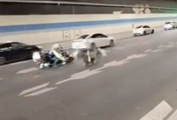 Os policiais seguiram o avestruz até um túnel, onde um dos agentes colidiu com ele acidentalmente.