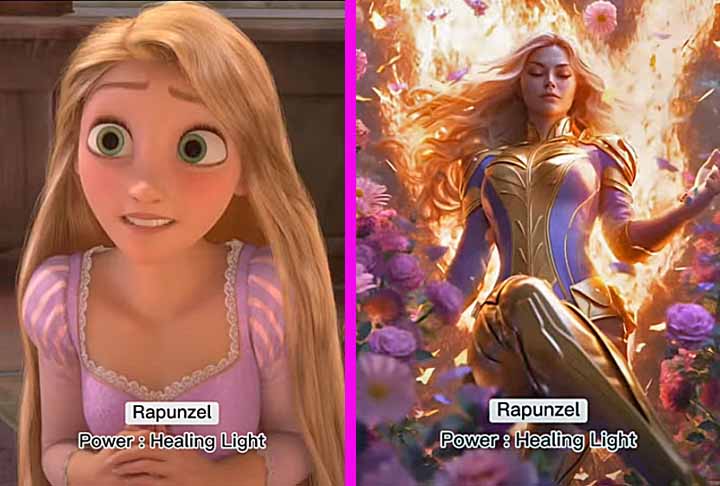 Rapunzel, de Enrolados, é prisioneira na torre de um castelo. A vilã Gothel, uma velha,  usa a magia dos cabelos da princesa para conservar sua juventude. Com a inteligência artificial, Rapunzel ganha o poder de uma luz que tem a capacidade de curar as pessoas.