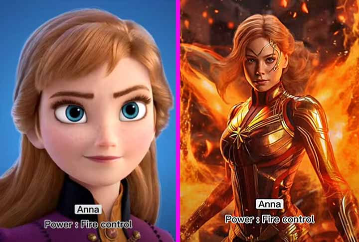 Anna, uma das protagonistas dos filmes ‘Frozen’. Nas produções originais ela não tem poder, mas com a inteligência artificial ganha a capacidade de manusear o fogo.