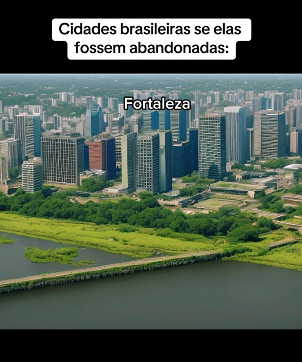 Com auxílio da Inteligência Artificial (IA), o mar escurece, enquanto a areia é tomada pela alta vegetação. Ao fundo, os prédios se tornam lugares escuros e sem condições de moradia.