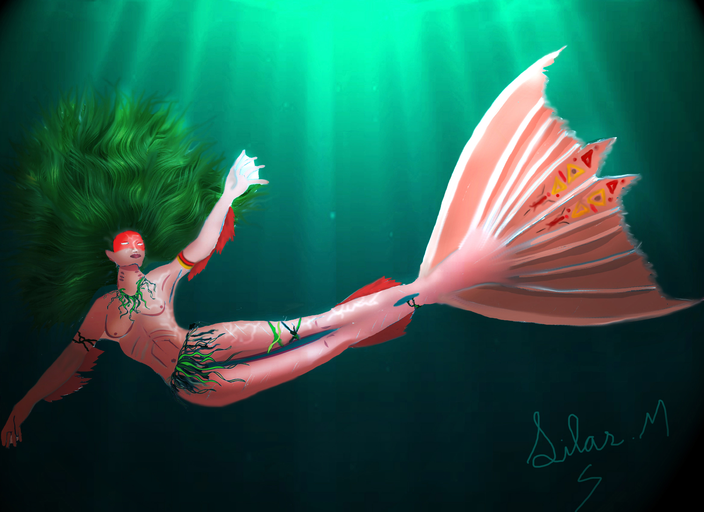 Ela se vingou e, após a morte dos irmãos, seu pai a jogou no rio. Os peixes a salvaram e ela virous sereia.  