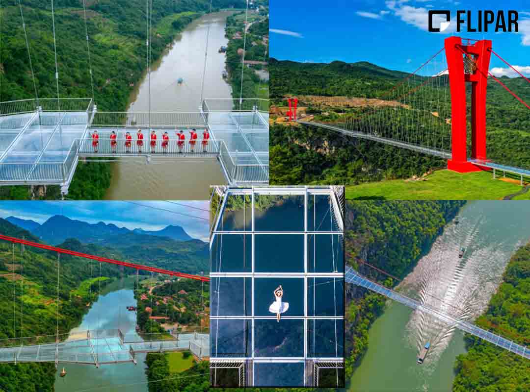 Huangchuan, China: Localizada na província de Guangdong, na China, essa ponte suspensa de tirar o fôlego se estende por 526 metros, a uma altura de 200 metros acima do solo. O principal atrativo da ponte  é o piso de vidro transparente, que oferece aos visitantes vistas vertiginosas do vale abaixo.
