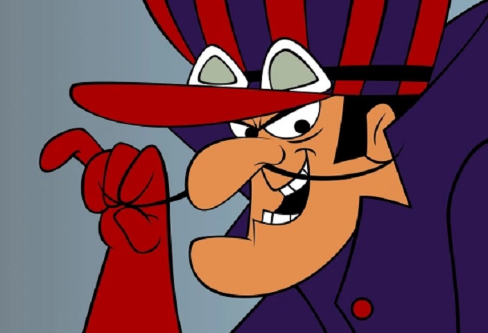 Dick Vigarista - Desenho animado: Corrida Maluca e Peguem o Pombo - Com um sorriso diabólico e um bigode característico, Dick Vigarista usa sempre trapaças e artimanhas nos seus planos do mal. 