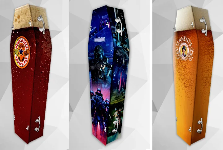 Para quem gosta de um chope e não quer abrir mão nem mesmo na hora do adeus, os caixões têm até o colarinho da cerveja. 